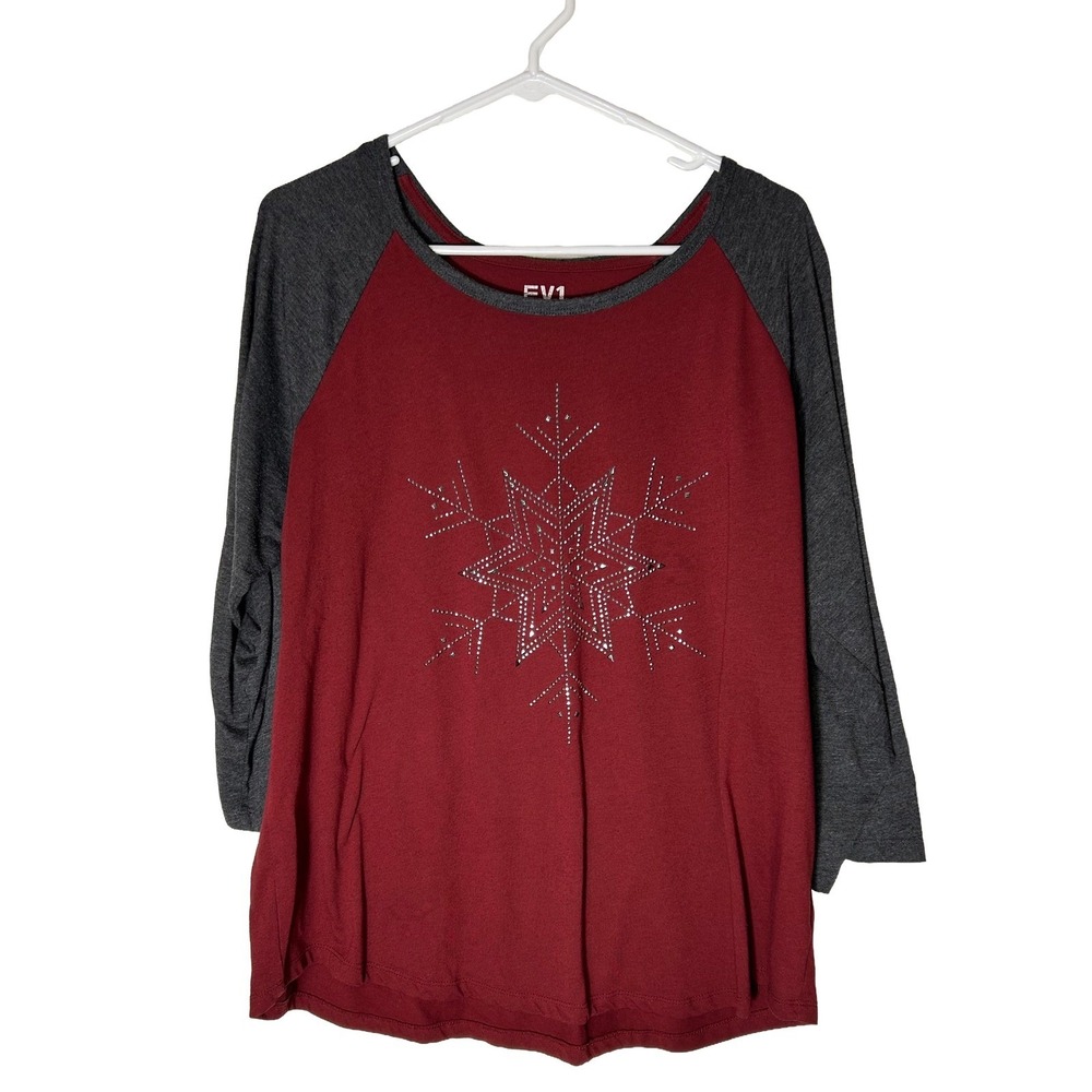 EV1 Womens XXXL Burgundy Gray Snowflake Rhinestone Raglan 3/4 Sleeve Top